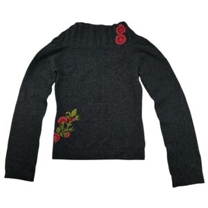 Vintage 80s Women BCIM Grey Lambswool Floral Mock Neck Sweater S Soft Knit Slim